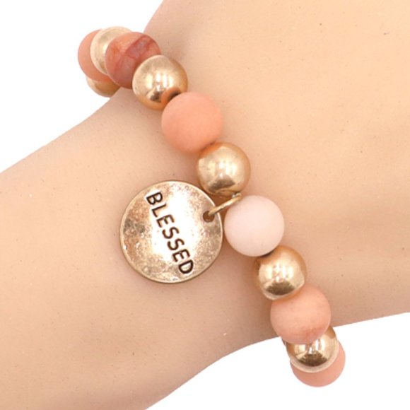 1146-BLESSED Charm Gemstone Stretch Bracelet-Gold/Pink - Picture 1 of 2